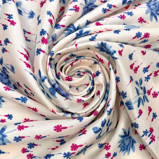 Formal But Fun - Crepe-like Texture Satin Polyester Blend Woven - Cream/Blue Floral - 2M Bundle - True Deadstock fabric Fabric by private - Sustainable Textile | FABCYCLE