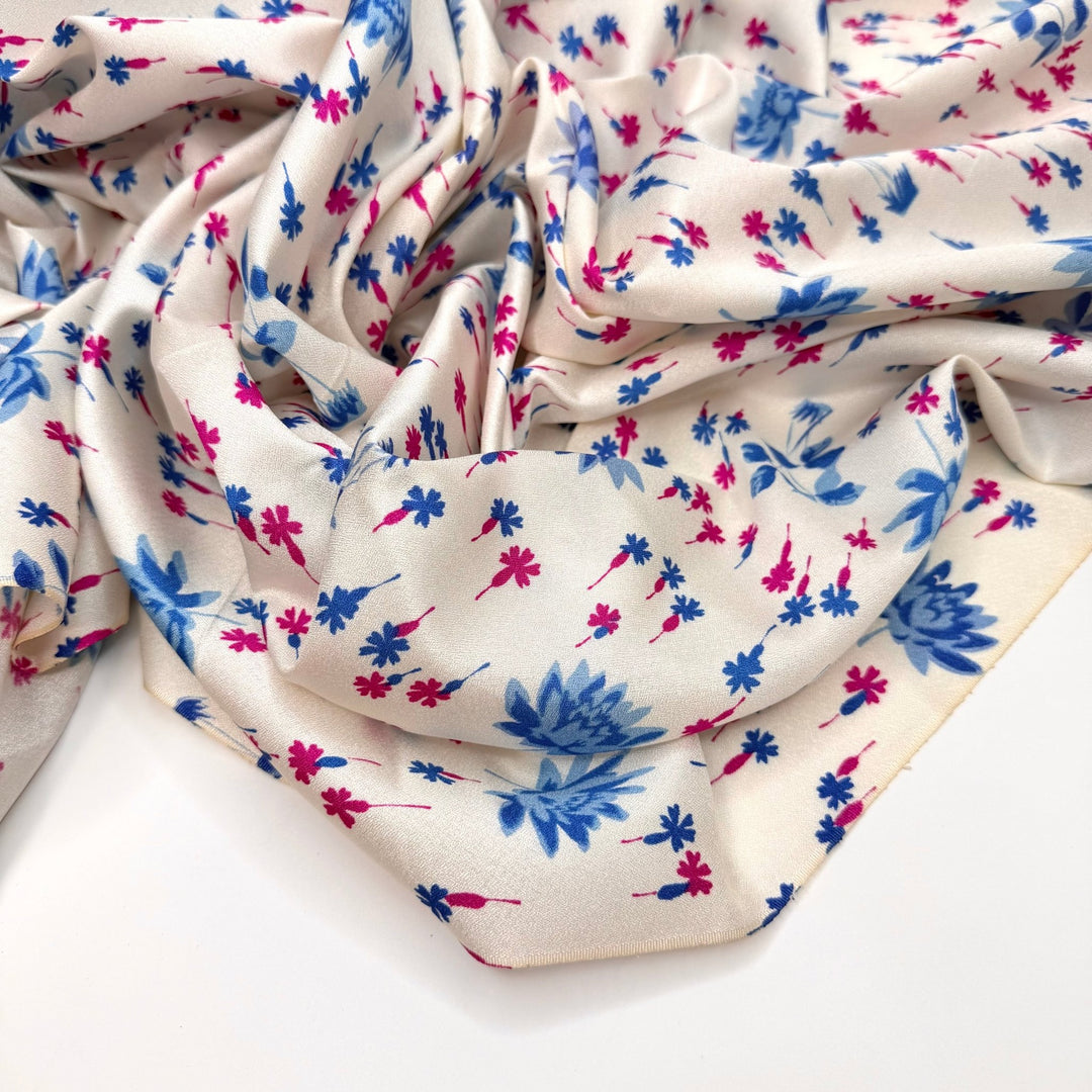 Formal But Fun - Crepe-like Texture Satin Polyester Blend Woven - Cream/Blue Floral - 2M Bundle - True Deadstock fabric Fabric by private - Sustainable Textile | FABCYCLE