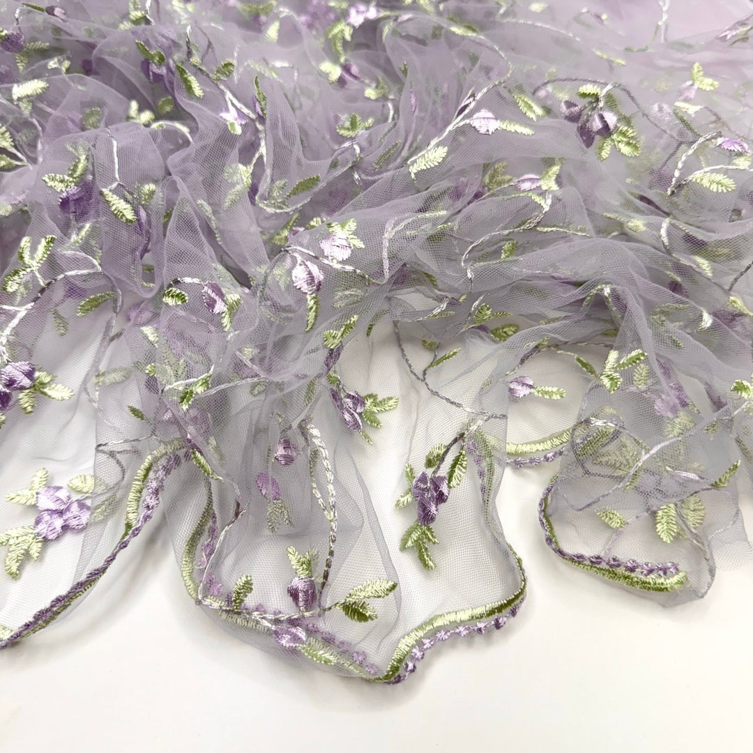 Frocktail Vibes - Embroidered Tulle Polyester Blend Knit - Light Purple/Green Floral - 0.8M Bundle - True Deadstock fabric Fabric by private - Sustainable Textile | FABCYCLE