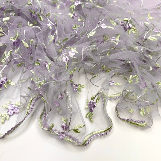 Frocktail Vibes - Embroidered Tulle Polyester Blend Knit - Light Purple/Green Floral - 0.8M Bundle - True Deadstock fabric Fabric by private - Sustainable Textile | FABCYCLE