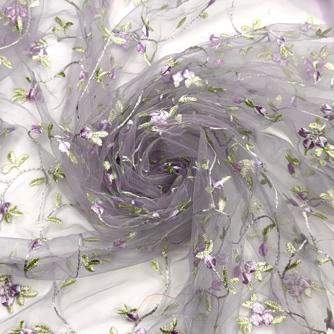 Frocktail Vibes - Embroidered Tulle Polyester Blend Knit - Light Purple/Green Floral - 0.8M Bundle - True Deadstock fabric Fabric by private - Sustainable Textile | FABCYCLE