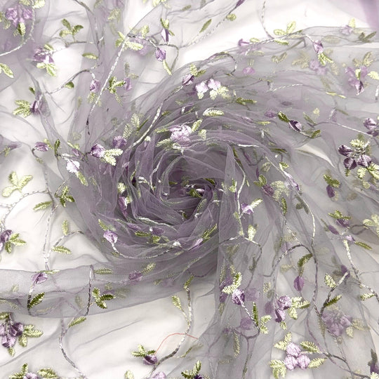 Frocktail Vibes - Embroidered Tulle Polyester Blend Knit - Light Purple/Green Floral - 0.8M Bundle - True Deadstock fabric Fabric by private - Sustainable Textile | FABCYCLE