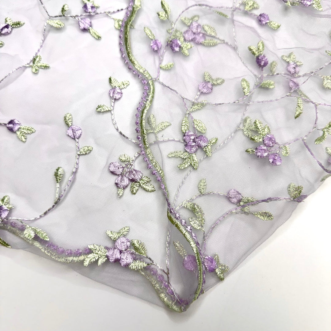 Frocktail Vibes - Embroidered Tulle Polyester Blend Knit - Light Purple/Green Floral - 0.8M Bundle - True Deadstock fabric Fabric by private - Sustainable Textile | FABCYCLE