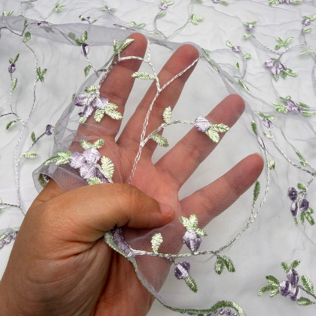 Frocktail Vibes - Embroidered Tulle Polyester Blend Knit - Light Purple/Green Floral - 0.8M Bundle - True Deadstock fabric Fabric by private - Sustainable Textile | FABCYCLE