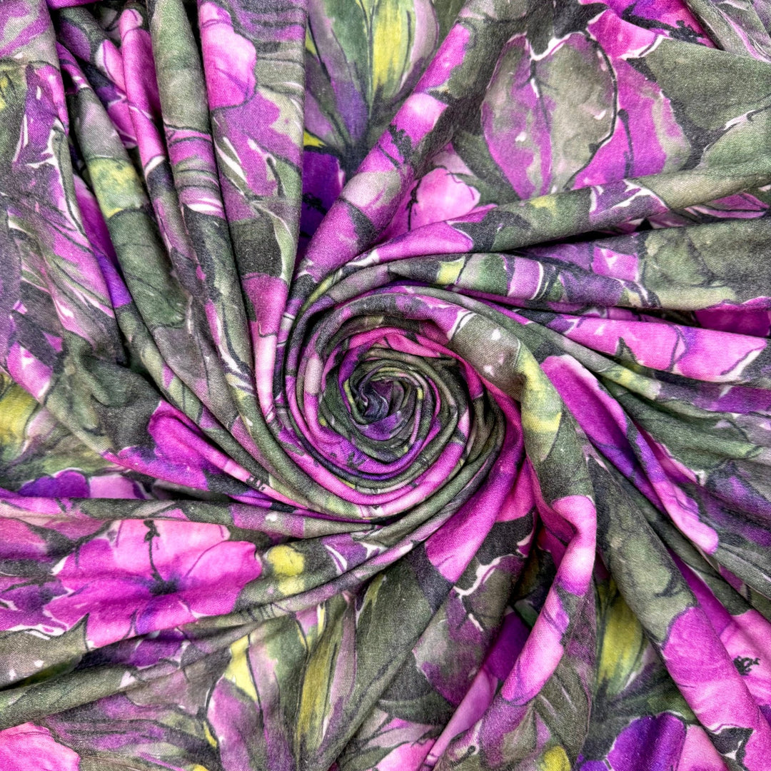 Garden Romance - Rib Knit Poly/Cotton Knit - Green/Purple Floral - 1.5M Bundle - True Deadstock fabric Fabric by private - Sustainable Textile | FABCYCLE