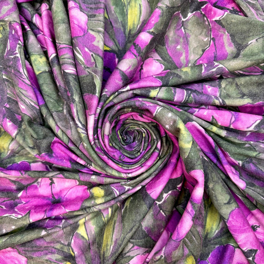 Garden Romance - Rib Knit Poly/Cotton Knit - Green/Purple Floral - 1.5M Bundle - True Deadstock fabric Fabric by private - Sustainable Textile | FABCYCLE