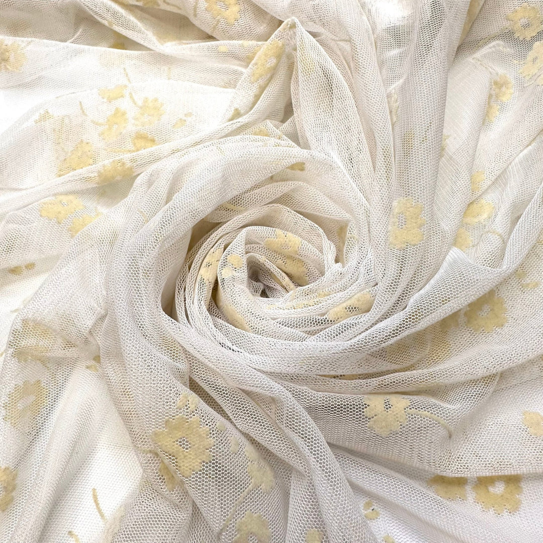 Ghost In The Garden - Flocked Mesh Polyester Blend Knit - White/Cream Floral - 3.1M Bundle - True Deadstock fabric Fabric by private - Sustainable Textile | FABCYCLE