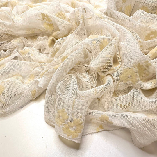 Ghost In The Garden - Flocked Mesh Polyester Blend Knit - White/Cream Floral - 3.1M Bundle - True Deadstock fabric Fabric by private - Sustainable Textile | FABCYCLE