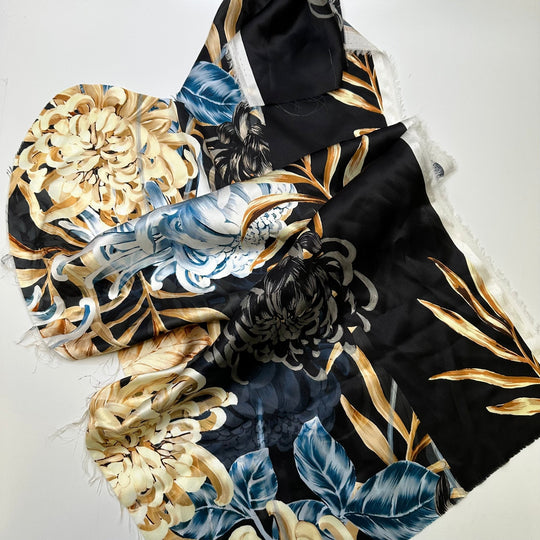 Giant Flowers - Off Cuts Satin Silk Woven - Black Multi Floral - 0.5 LB Bag - True Deadstock fabric Fabric by private - Sustainable Textile | FABCYCLE
