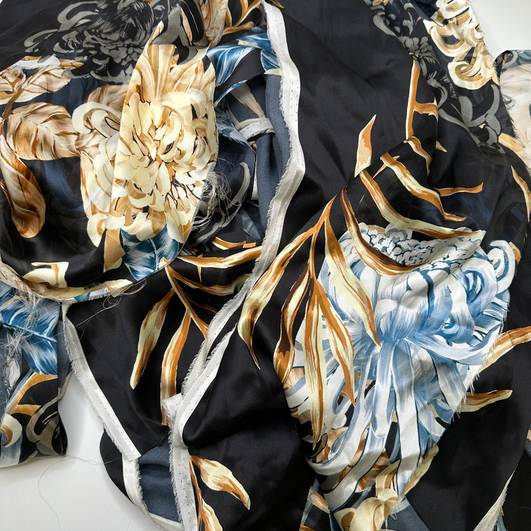 Giant Flowers - Off Cuts Satin Silk Woven - Black Multi Floral - 0.5 LB Bag - True Deadstock fabric Fabric by private - Sustainable Textile | FABCYCLE