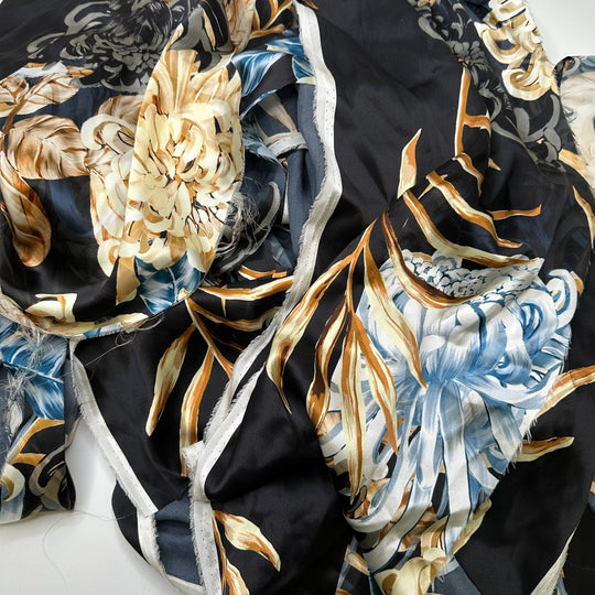 Giant Flowers - Off Cuts Satin Silk Woven - Black Multi Floral - 0.5 LB Bag - True Deadstock fabric Fabric by private - Sustainable Textile | FABCYCLE