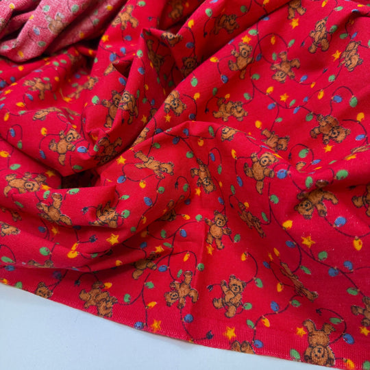 Gingerbread House - Vintage Cotton Woven - Red Multi Teddy Bears And Lights - 1.5M Bundle - True Deadstock fabric Fabric by private - Sustainable Textile | FABCYCLE