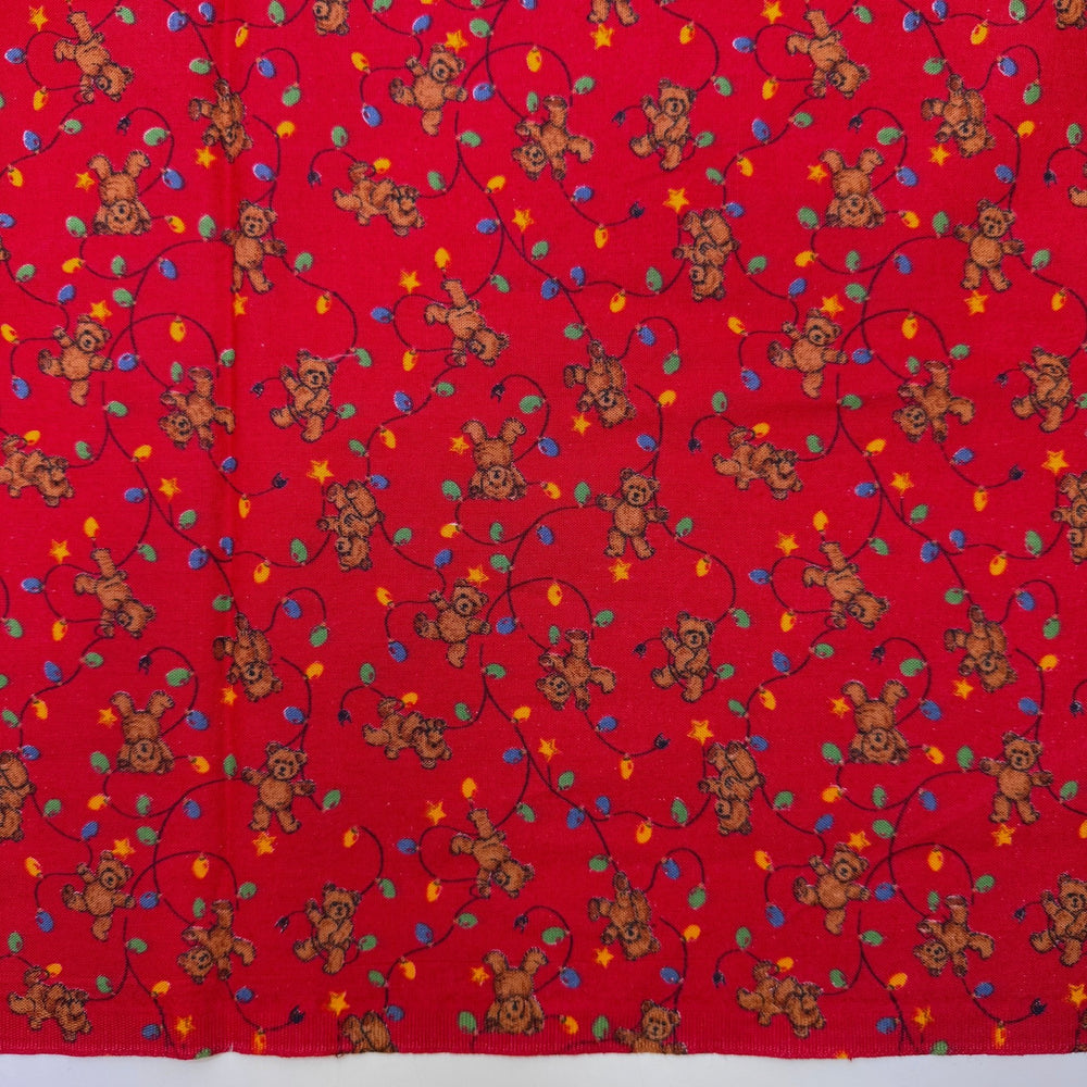Gingerbread House - Vintage Cotton Woven - Red Multi Teddy Bears And Lights - 1.5M Bundle - True Deadstock fabric Fabric by private - Sustainable Textile | FABCYCLE