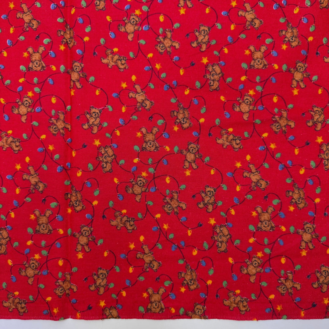 Gingerbread House - Vintage Cotton Woven - Red Multi Teddy Bears And Lights - 1.5M Bundle - True Deadstock fabric Fabric by private - Sustainable Textile | FABCYCLE