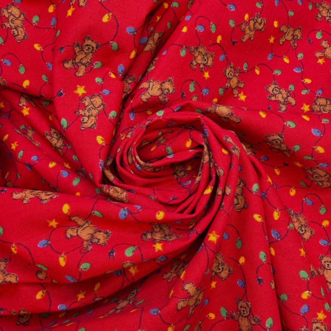 Gingerbread House - Vintage Cotton Woven - Red Multi Teddy Bears And Lights - 1.5M Bundle - True Deadstock fabric Fabric by private - Sustainable Textile | FABCYCLE