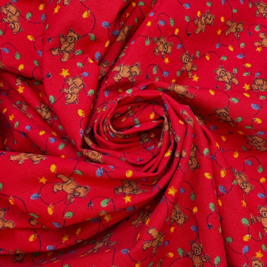 Gingerbread House - Vintage Cotton Woven - Red Multi Teddy Bears And Lights - 1.5M Bundle - True Deadstock fabric Fabric by private - Sustainable Textile | FABCYCLE
