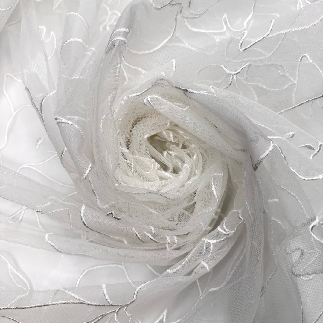 Gliding Across The Dance Floor - Embroidered Tulle Polyester Blend Knit - White Floral - 1M Bundle - True Deadstock fabric Fabric by private - Sustainable Textile | FABCYCLE