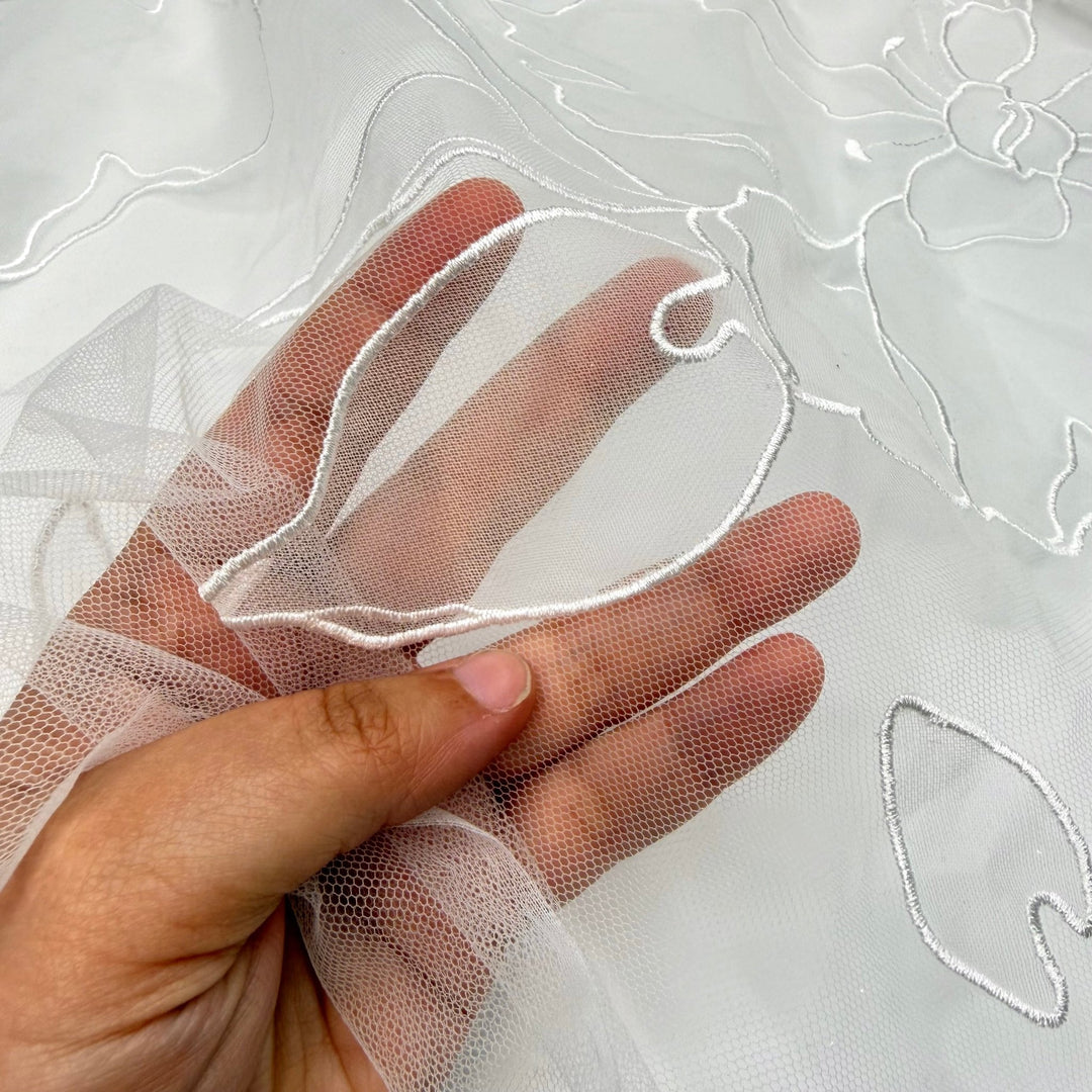 Gliding Across The Dance Floor - Embroidered Tulle Polyester Blend Knit - White Floral - 1M Bundle - True Deadstock fabric Fabric by private - Sustainable Textile | FABCYCLE
