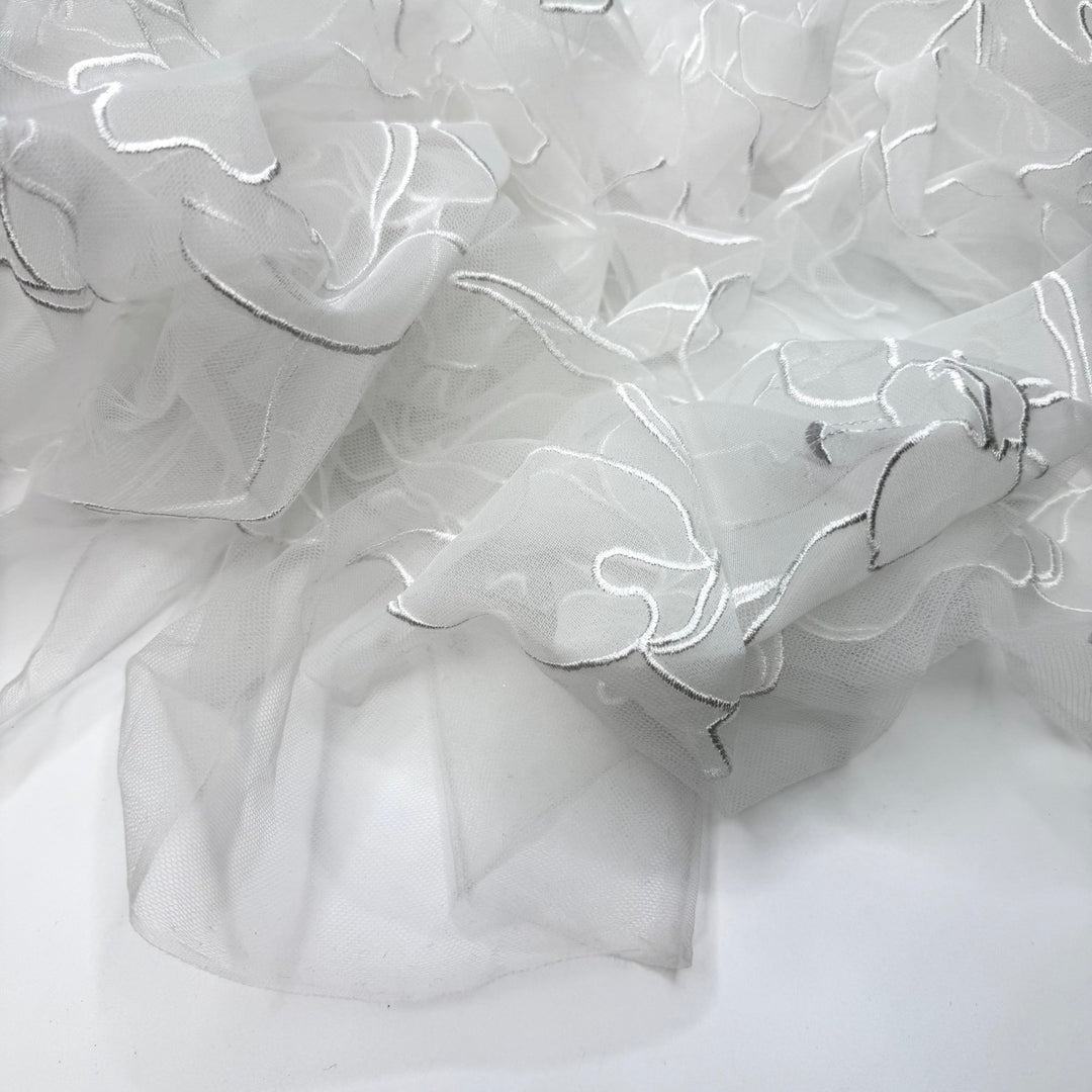 Gliding Across The Dance Floor - Embroidered Tulle Polyester Blend Knit - White Floral - 1M Bundle - True Deadstock fabric Fabric by private - Sustainable Textile | FABCYCLE