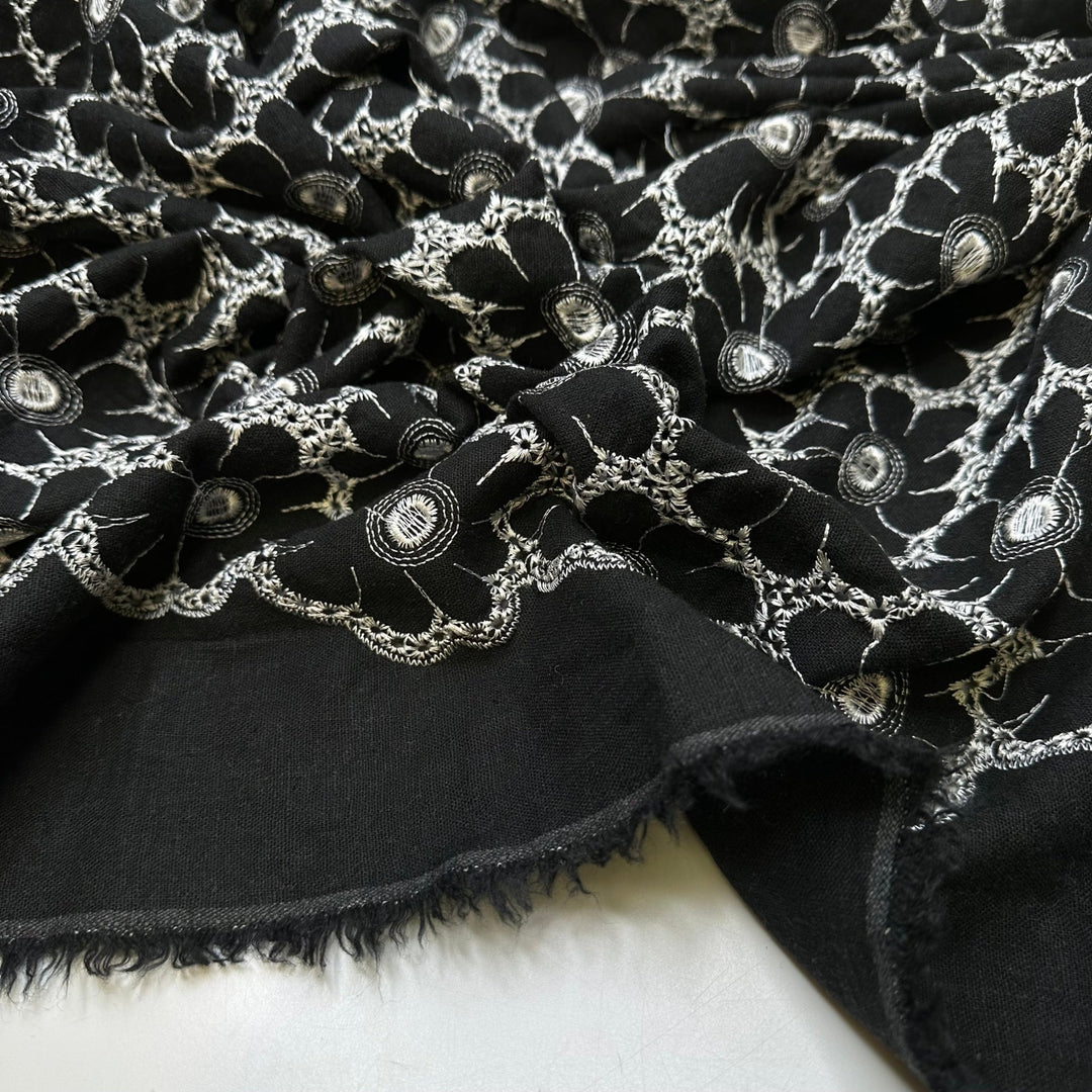 Go Get The Flower Girl - Embroidered Cotton Woven - Black/White Floral - 1.05M Bundle - True Deadstock fabric Fabric by private - Sustainable Textile | FABCYCLE
