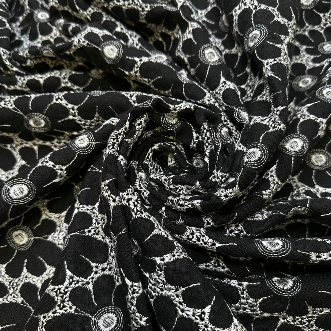 Go Get The Flower Girl - Embroidered Cotton Woven - Black/White Floral - 1.05M Bundle - True Deadstock fabric Fabric by private - Sustainable Textile | FABCYCLE