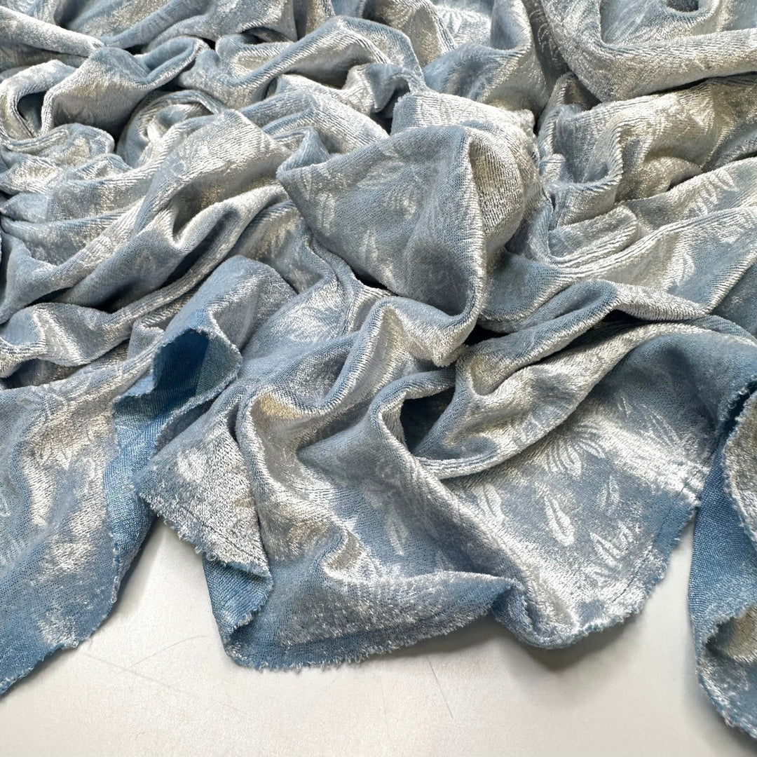 Going As Elsa Again - Embossed Knitted Velour Polyester Blend Knit - Light Blue Floral - 1.15M Bundle - True Deadstock fabric Fabric by private - Sustainable Textile | FABCYCLE