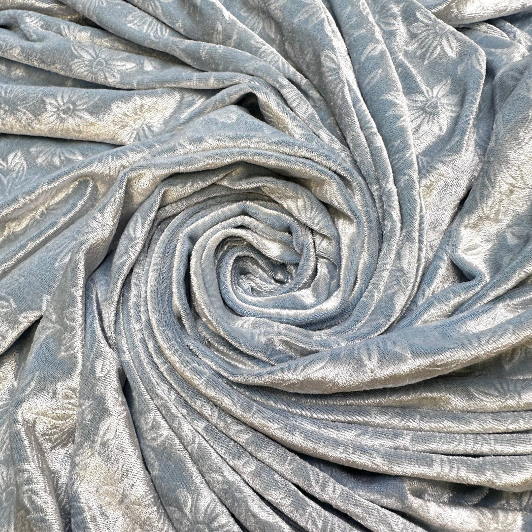 Going As Elsa Again - Embossed Knitted Velour Polyester Blend Knit - Light Blue Floral - 1.15M Bundle - True Deadstock fabric Fabric by private - Sustainable Textile | FABCYCLE