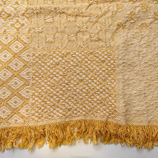 Golden Afternoon - Fringe Edges Tapestry Weave Cotton Woven - Gold/Cream Geometric - 1.55M Bundle - True Deadstock fabric Fabric by private - Sustainable Textile | FABCYCLE