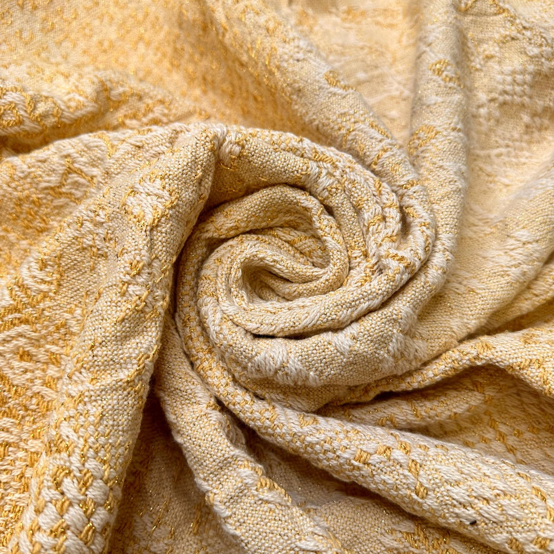 Golden Afternoon - Fringe Edges Tapestry Weave Cotton Woven - Gold/Cream Geometric - 1.55M Bundle - True Deadstock fabric Fabric by private - Sustainable Textile | FABCYCLE