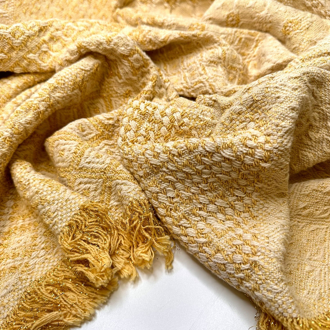 Golden Afternoon - Fringe Edges Tapestry Weave Cotton Woven - Gold/Cream Geometric - 1.55M Bundle - True Deadstock fabric Fabric by private - Sustainable Textile | FABCYCLE