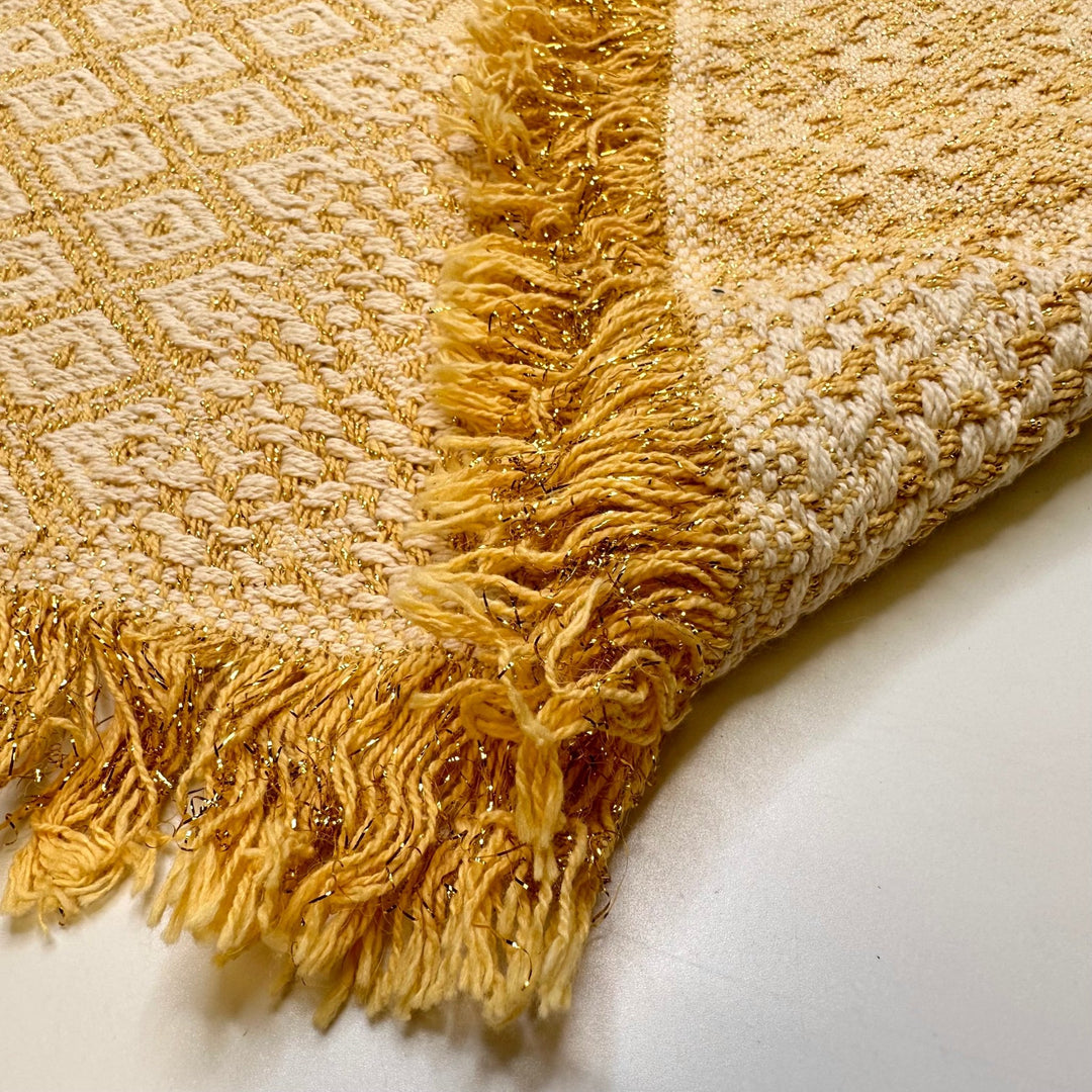 Golden Afternoon - Fringe Edges Tapestry Weave Cotton Woven - Gold/Cream Geometric - 1.55M Bundle - True Deadstock fabric Fabric by private - Sustainable Textile | FABCYCLE
