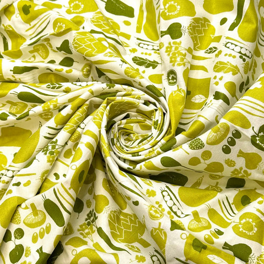 Green Veggies - Cotton Woven - White/Green Vegetable Motif - 1M Bundle - True Deadstock fabric Fabric by private - Sustainable Textile | FABCYCLE