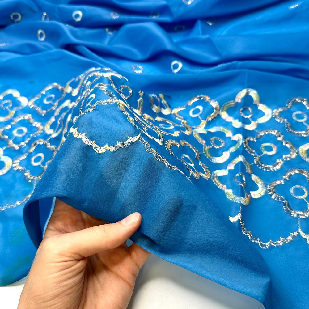 Growing New Petals - Embroidered Metallic Thread Polyester Blend Woven - Light Silver/Blue Floral Border - 4M Bundle - True Deadstock fabric Fabric by private - Sustainable Textile | FABCYCLE