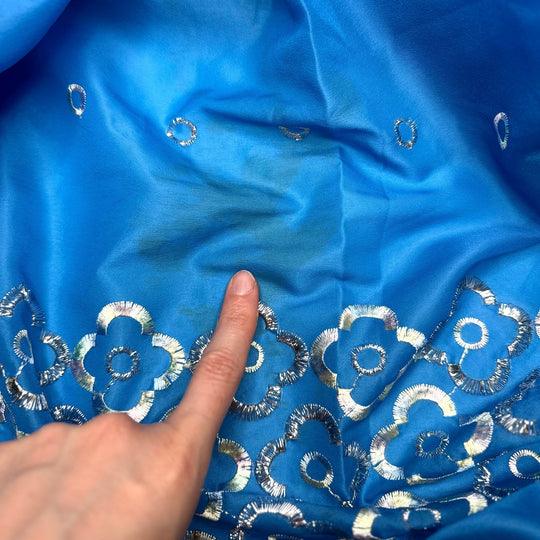 Growing New Petals - Embroidered Metallic Thread Polyester Blend Woven - Light Silver/Blue Floral Border - 4M Bundle - True Deadstock fabric Fabric by private - Sustainable Textile | FABCYCLE