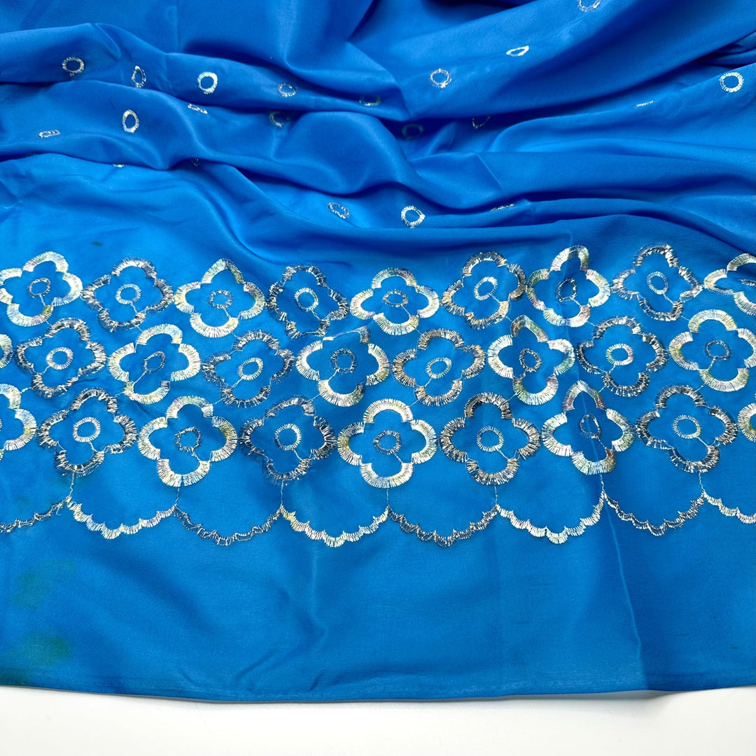 Growing New Petals - Embroidered Metallic Thread Polyester Blend Woven - Light Silver/Blue Floral Border - 4M Bundle - True Deadstock fabric Fabric by private - Sustainable Textile | FABCYCLE