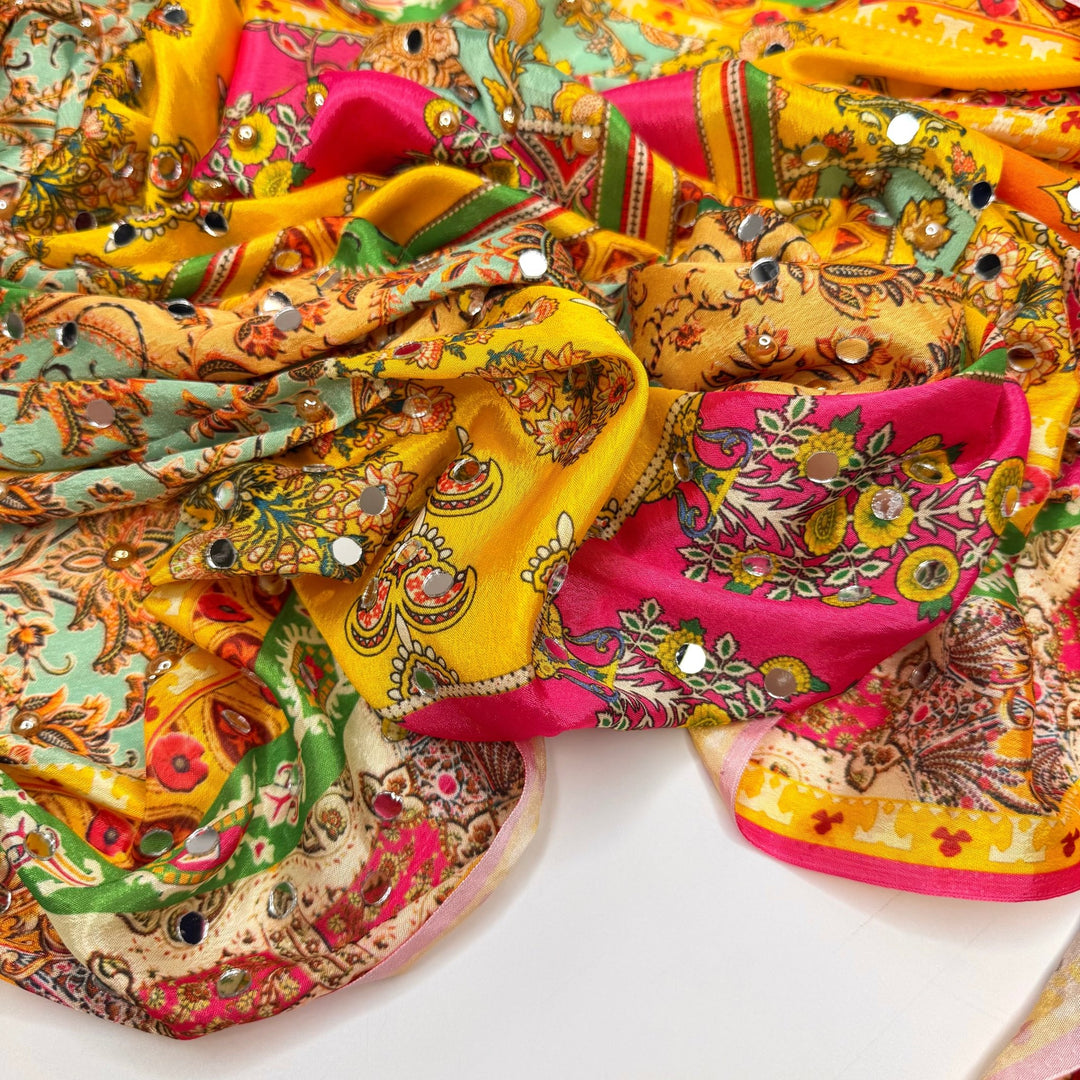 Handmade Showstopper - Shisha Mirror Embroidery Polyester Blend Woven - Yellow/Pink Floral - 2.15M Bundle - True Deadstock fabric Fabric by private - Sustainable Textile | FABCYCLE