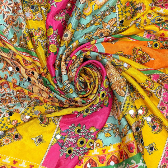 Handmade Showstopper - Shisha Mirror Embroidery Polyester Blend Woven - Yellow/Pink Floral - 2.15M Bundle - True Deadstock fabric Fabric by private - Sustainable Textile | FABCYCLE