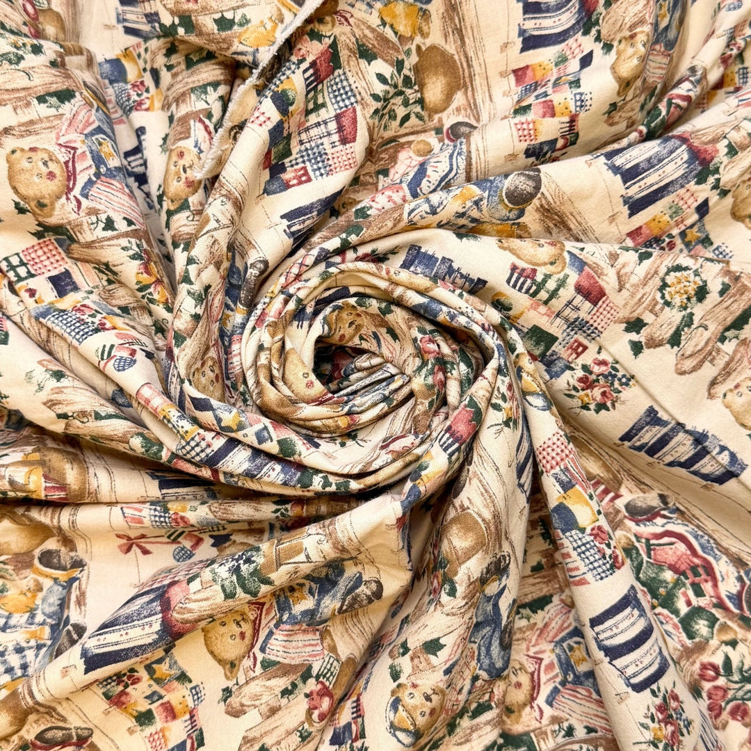 Hang To Dry - Cotton Woven - Beige Multi Teddy Bear Garden Motif - 1.2M Bundle - True Deadstock fabric Fabric by private - Sustainable Textile | FABCYCLE
