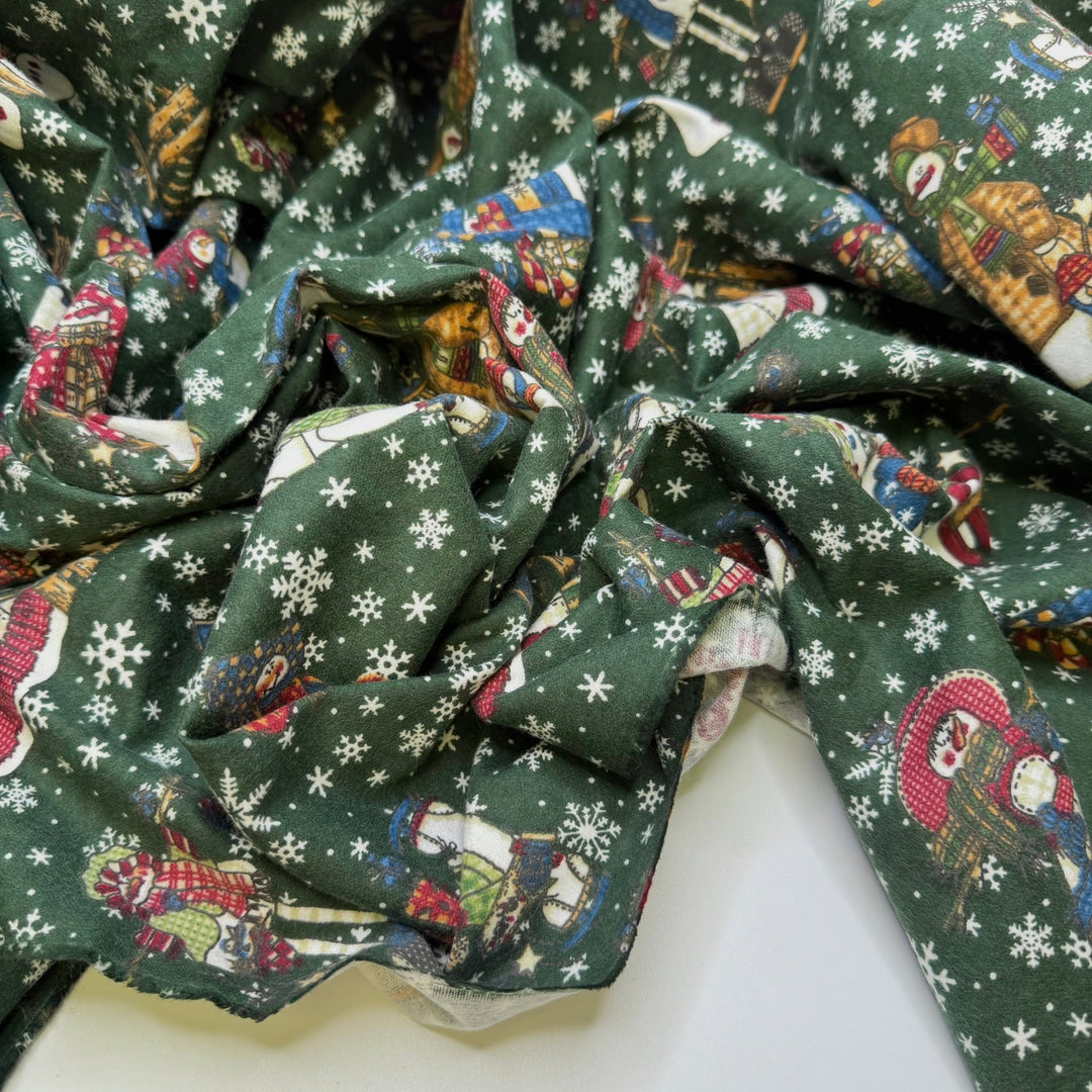 Healthy Holiday Meals - Flanelette Cotton Woven - Green Multi Snowmen - 2.6M Bundle - True Deadstock fabric Fabric by private - Sustainable Textile | FABCYCLE