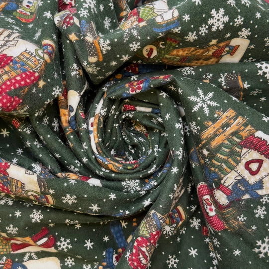 Healthy Holiday Meals - Flanelette Cotton Woven - Green Multi Snowmen - 2.6M Bundle - True Deadstock fabric Fabric by private - Sustainable Textile | FABCYCLE