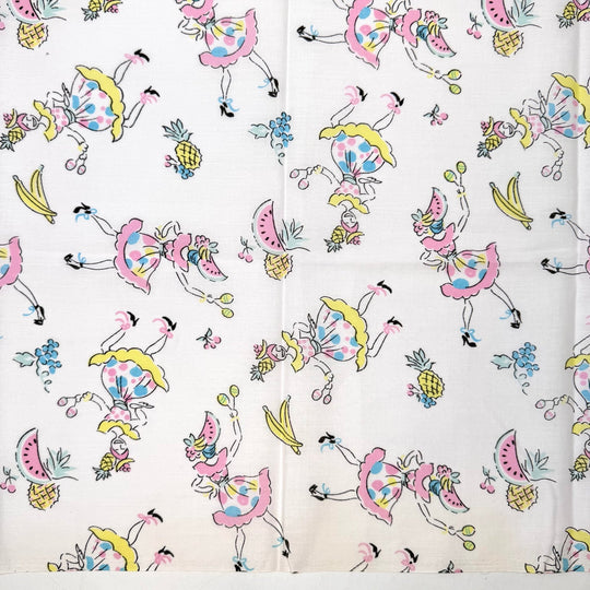 How It Feels To Finish A Quilt - Vintage Cotton Woven - White Multi Dancing Women And Fruit - 3M Bundle - True Deadstock fabric Fabric by private - Sustainable Textile | FABCYCLE
