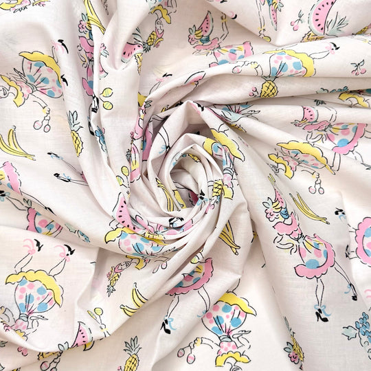 How It Feels To Finish A Quilt - Vintage Cotton Woven - White Multi Dancing Women And Fruit - 3M Bundle - True Deadstock fabric Fabric by private - Sustainable Textile | FABCYCLE