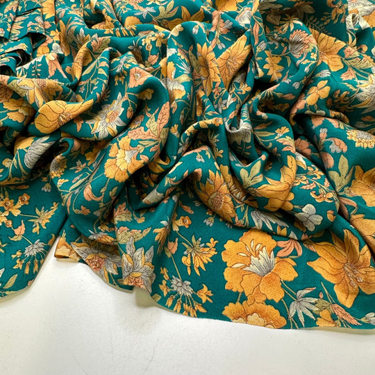In Loving Memory - Chiffon Silk Woven - Teal Green Orange Floral - 3.65M Bundle - True Deadstock fabric Fabric by private - Sustainable Textile | FABCYCLE