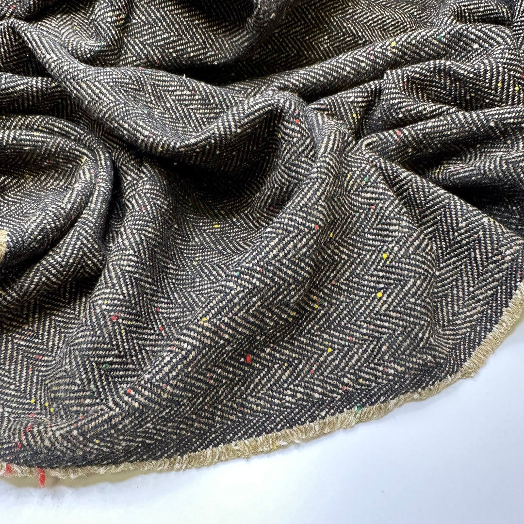 Indubitably Basil - Colour Thread Slub Herringbone Wool Blend Woven - Dark Brown/Beige - 2.2M Bundle - True Deadstock fabric Fabric by private - Sustainable Textile | FABCYCLE