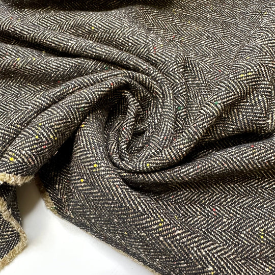 Indubitably Basil - Colour Thread Slub Herringbone Wool Blend Woven - Dark Brown/Beige - 2.2M Bundle - True Deadstock fabric Fabric by private - Sustainable Textile | FABCYCLE
