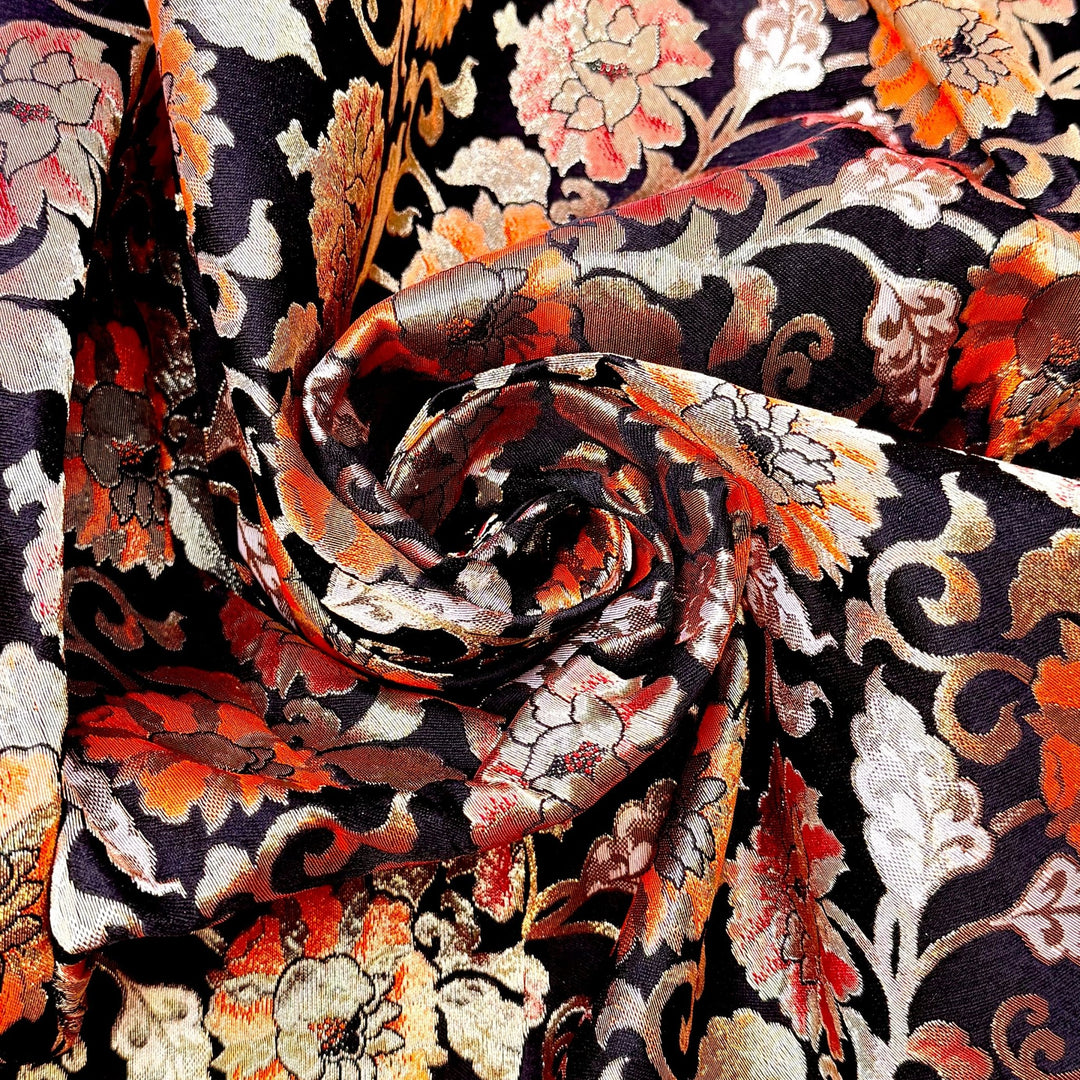 Its All Stardust - Vintage Obi Jacquard Silk/Metallic Woven - Black Orange Gold Floral - 3.95M Bundle - True Deadstock fabric Fabric by private - Sustainable Textile | FABCYCLE