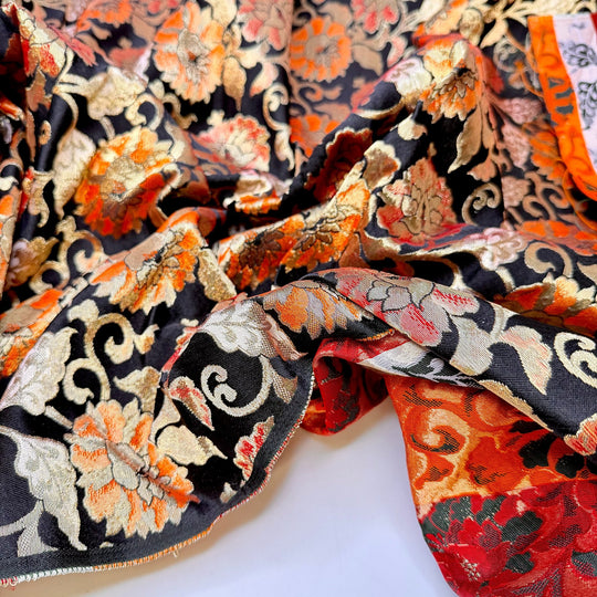 Its All Stardust - Vintage Obi Jacquard Silk/Metallic Woven - Black Orange Gold Floral - 3.95M Bundle - True Deadstock fabric Fabric by private - Sustainable Textile | FABCYCLE