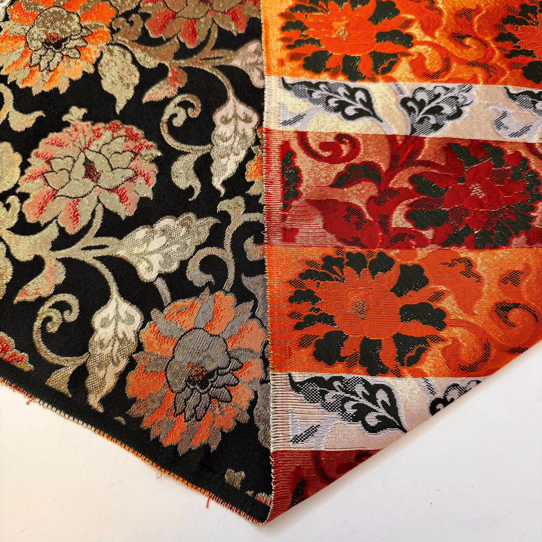 Its All Stardust - Vintage Obi Jacquard Silk/Metallic Woven - Black Orange Gold Floral - 3.95M Bundle - True Deadstock fabric Fabric by private - Sustainable Textile | FABCYCLE