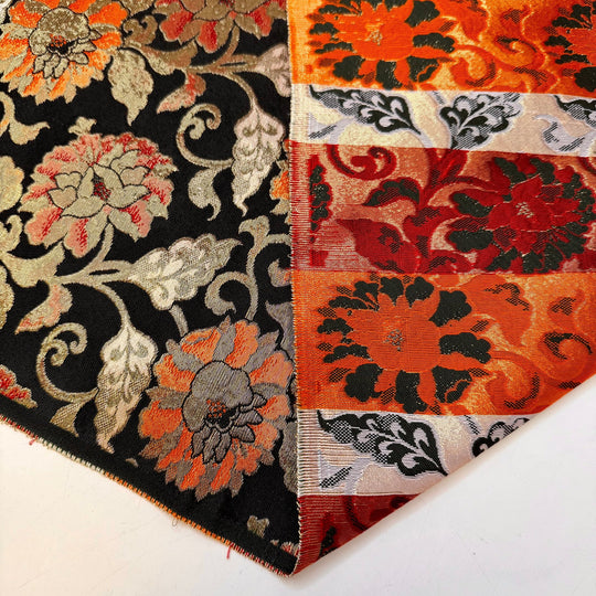 Its All Stardust - Vintage Obi Jacquard Silk/Metallic Woven - Black Orange Gold Floral - 3.95M Bundle - True Deadstock fabric Fabric by private - Sustainable Textile | FABCYCLE