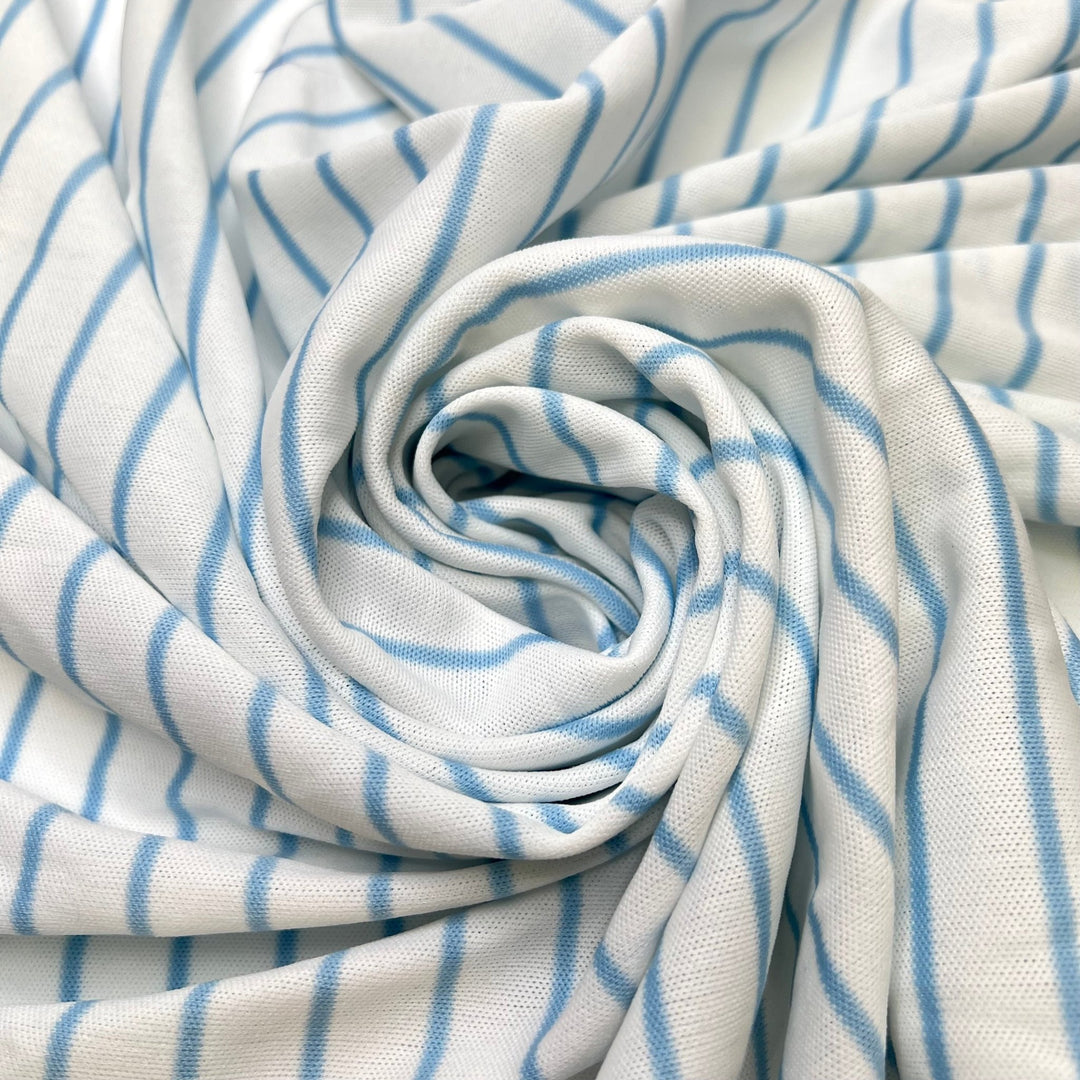 Just A Dash Of Blue - Polyester Blend Knit - Light White/Blue Pinstripe - 0.7M Bundle - True Deadstock fabric Fabric by private - Sustainable Textile | FABCYCLE
